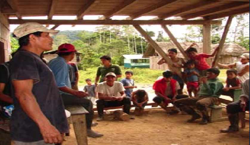 Students and indigenous teachers meeting in the Amazon rain forest